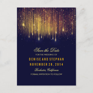 String Lights Goud Confetti Navy Save the Date Aankondigingskaart