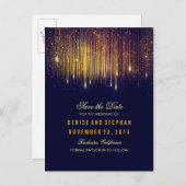 String Lights Goud Confetti Navy Save the Date Aankondigingskaart (Voorkant / Achterkant)