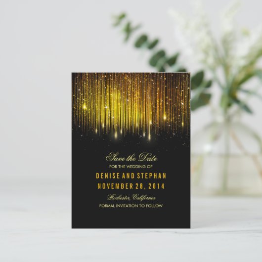 String Lights Goud confetti zwart Bewaar de datum Aankondigingskaart (Staand voorkant)
