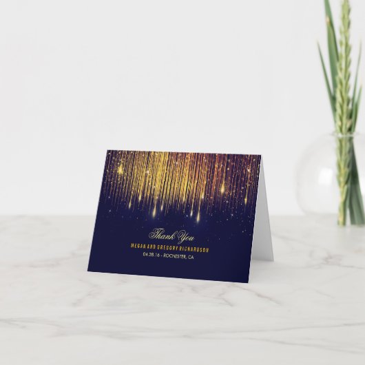 String Lights Goud en Navy Bruiloft Dank u Bedankkaart (Voorkant)