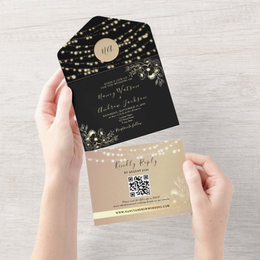 String Lights Goud en zwart Monogram Bruiloft All In One Uitnodiging (Afscheurbaar)