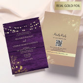 String Lights Goud Paarse bruiloft QR-code Folie Uitnodiging
