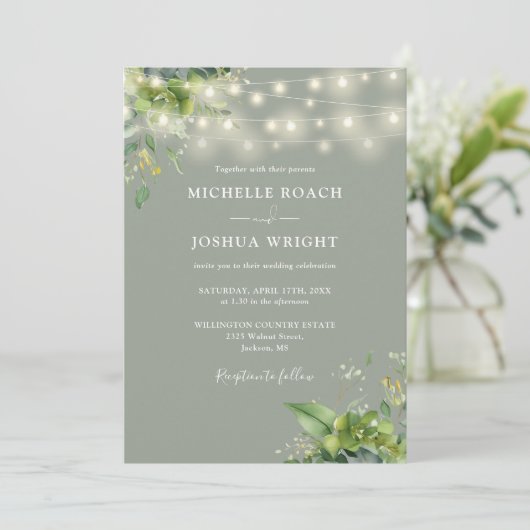 String Lights Groen QR Code Sage Groene Bruiloft Kaart (Staand voorkant)