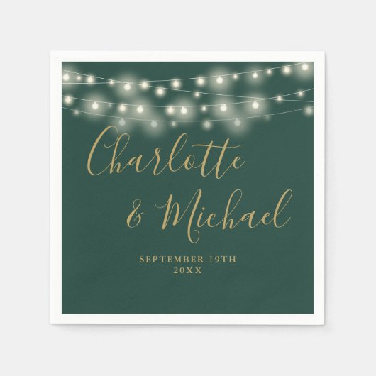 String Lights Handtekening Goud Script Groen Bruil Servet (Voorkant)