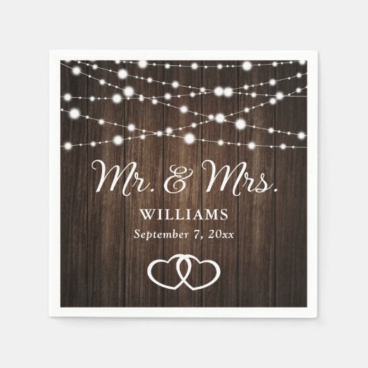 String Lights Harten Rustieke Houten Bruiloft Servet (Voorkant)