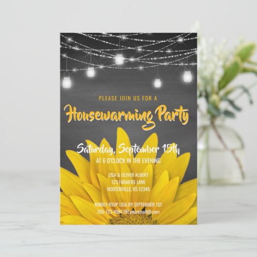 String Lights Housewarming Party Rustic Sunflower Kaart (Staand voorkant)