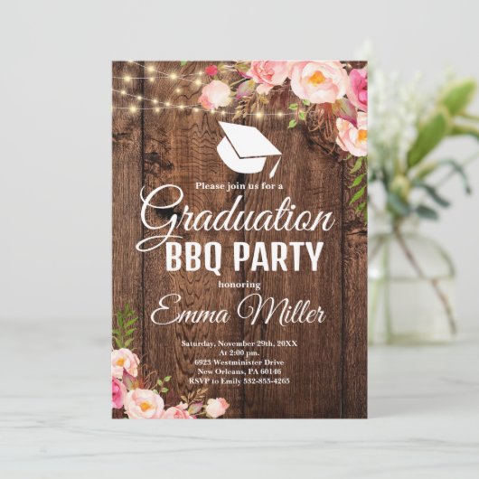 String Lights Hout Afstuderen BBQ Party Kaart (Staand voorkant)