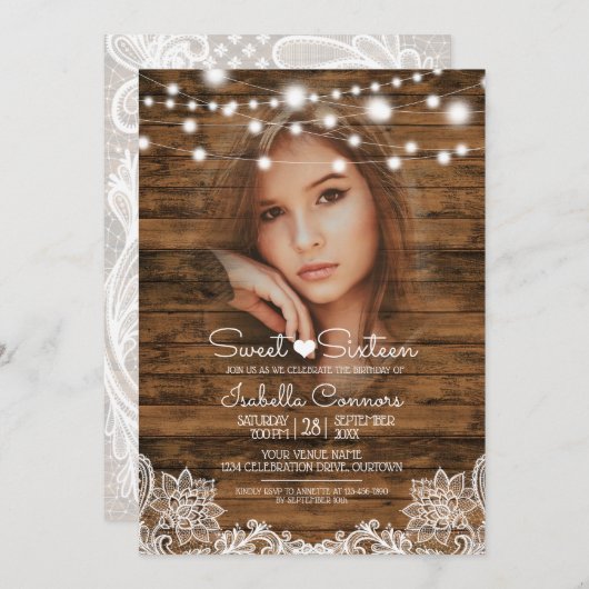 String Lights Hout en Kant Zoete 16 Feest Kaart (Voorkant / Achterkant)