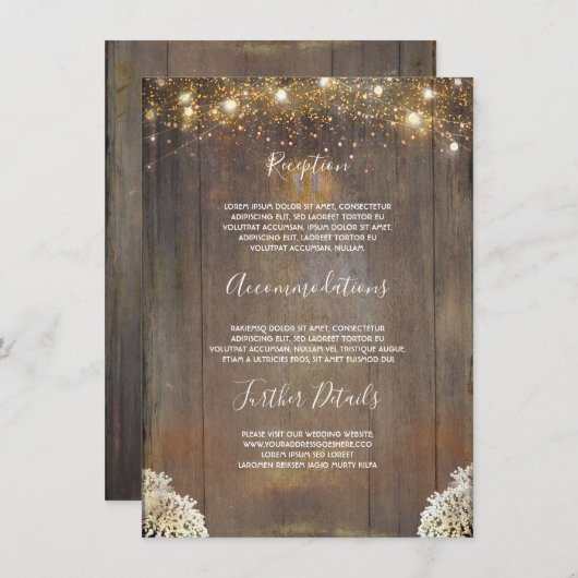 String Lights Hout Rustieke Bruiloft Details Informatiekaartje (Voorkant / Achterkant)