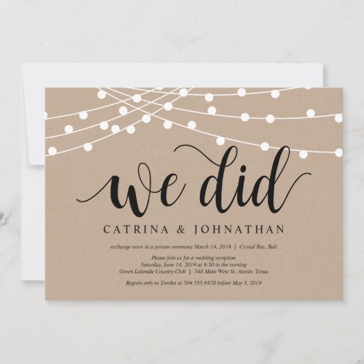 String Lights Kraft, Black font, Wedding Elopement Kaart (Voorkant)
