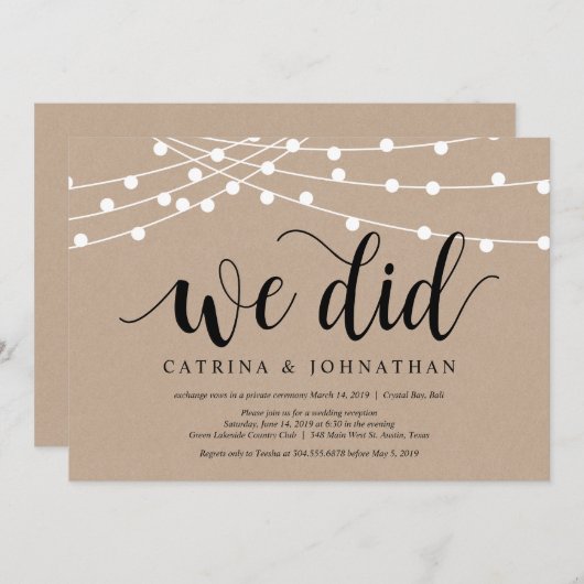 String Lights Kraft, Black font, Wedding Elopement Kaart (Voorkant / Achterkant)