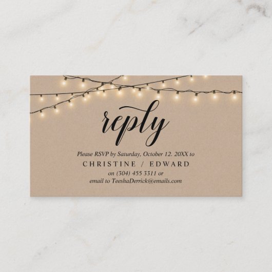 String Lights Kraft, zwart script, RSVP-reactie Informatiekaartje (Voorkant)