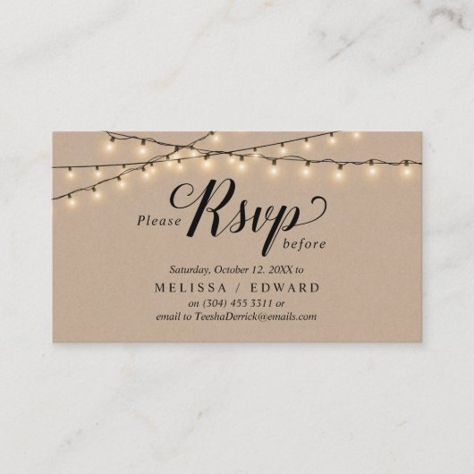 String Lights Kraft, Zwart Script, RSVP Reageren Informatiekaartje (Voorkant)