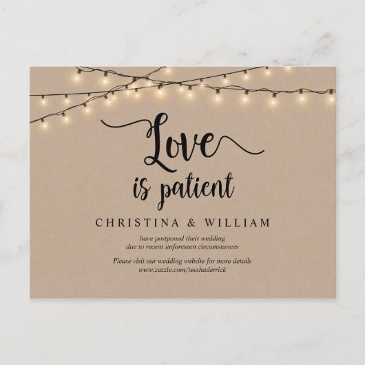 String Lights, Love is Patiënt, Wedding Postponed Briefkaart (Voorkant)
