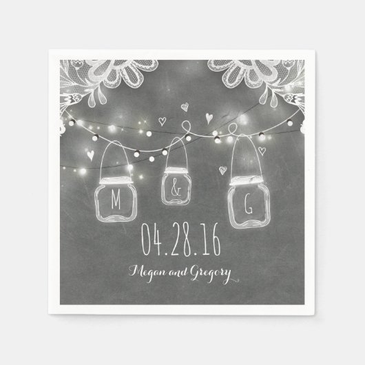 String Lights Mason Jar and Lace Rustic Wedding Servet (Voorkant)