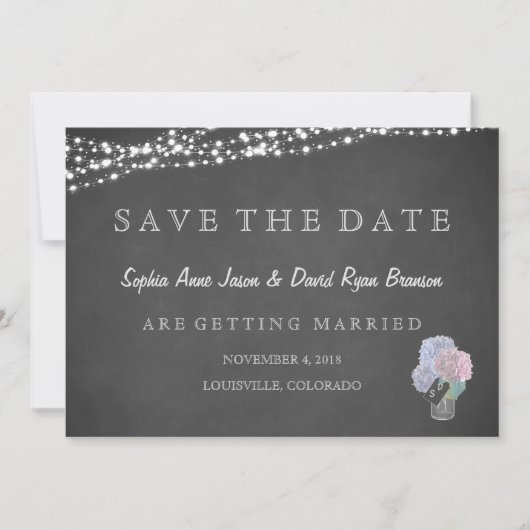 String Lights Mason Jar Chalkboard BEWAREN DE DATU Save The Date (Voorkant)