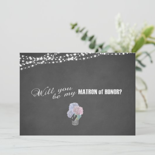 String Lights Mason Jar Chalkboard Matron of Honor Kaart (Staand voorkant)