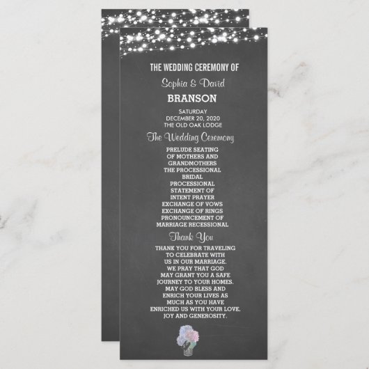 String Lights Mason Jar Chalkboard Wedding Program Programma (Voorkant / Achterkant)