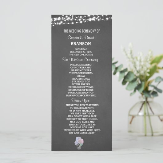 String Lights Mason Jar Chalkboard Wedding Program Programma (Staand voorkant)