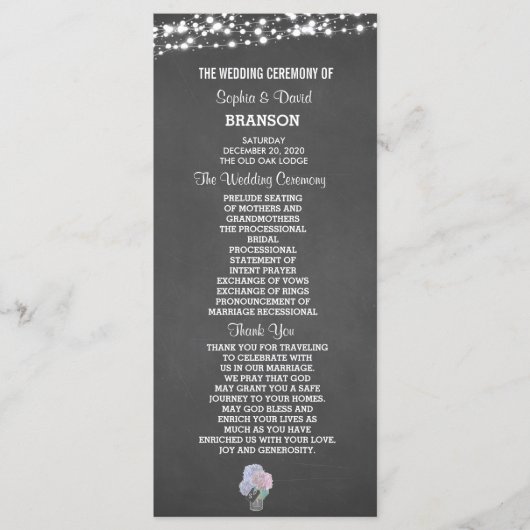 String Lights Mason Jar Chalkboard Wedding Program Programma (Voorkant)