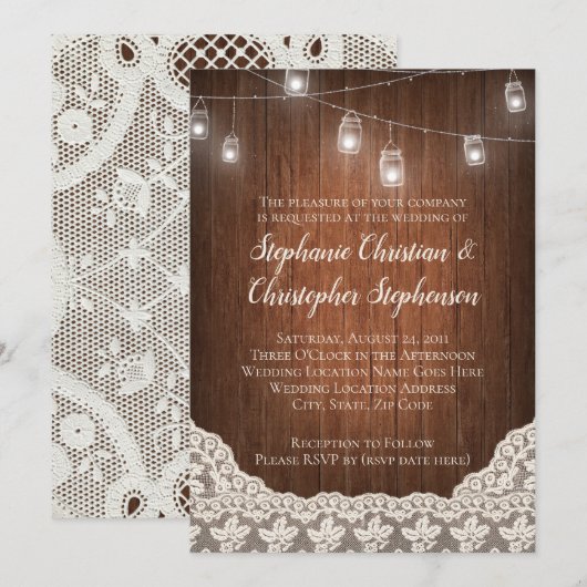  String Lights Mason Jar Lace Wood Weddenschap Kaart (Voorkant / Achterkant)