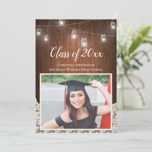 String Lights Mason Jar Photo Afstuderen Kaart (Staand voorkant)