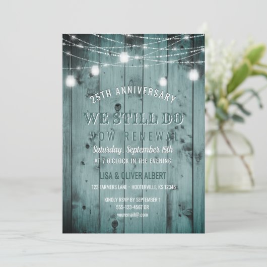 String Lights Mason Jar Rustic Wood Vow Renewal Kaart (Staand voorkant)