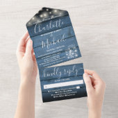 String Lights Mason Jars Blue Rustic Wood Wedding All In One Uitnodiging (Afscheurbaar)