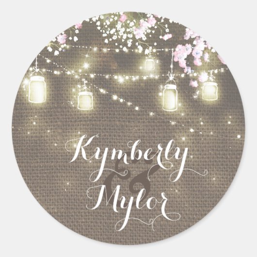 String Lights Mason Jars Rustic Baby's Breath Ronde Sticker (Voorkant)