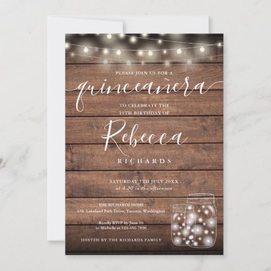 String Lights Mason Jars Script Quinceañera 15th Kaart (Voorkant)