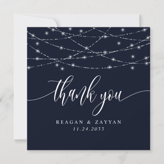 String Lights Navy Blue Elegant Wedding Bedankkaart (Voorkant)