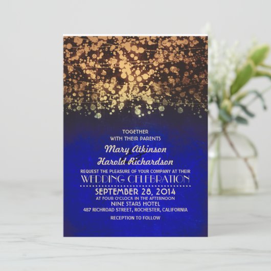 String Lights Navy & Gold glitter bruiloft Kaart (Staand voorkant)