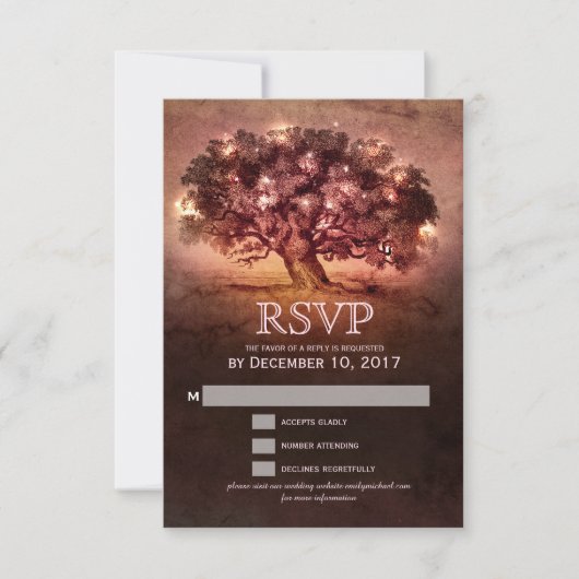 String Lights Oak Tree Country Wedding RSVP Kaartje (Voorkant)