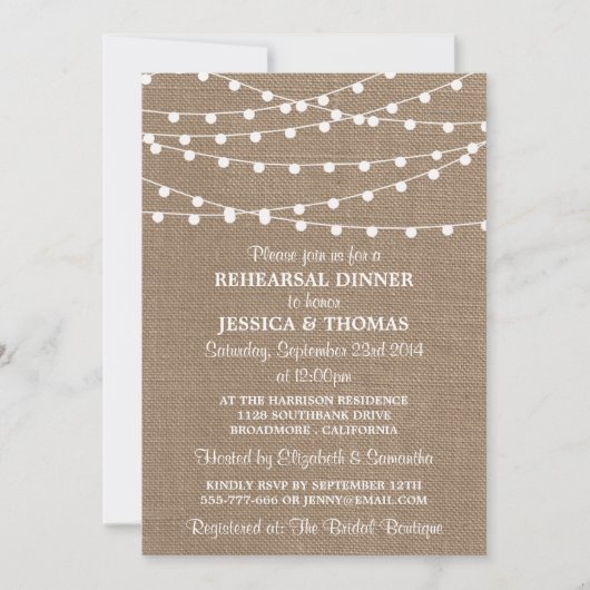 String Lights on Burlap Wedding Rehearsal Dinner Kaart (Voorkant)