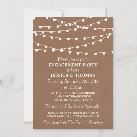 String Lights on Rustic Kraft Engagement Party Kaart (Voorkant)