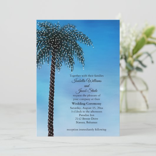 String Lights Palm Tree Wedding Invitation Aquarel (Debout devant)