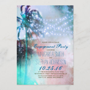 String Lights Palmbomen Beach Engagement Party Kaart