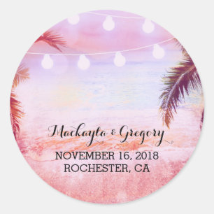 String Lights Palms Beach Sunset Paarse bruiloft Ronde Sticker