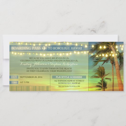 String Lights Palms Wedding Boarding Pass Tickets Kaart (Voorkant)