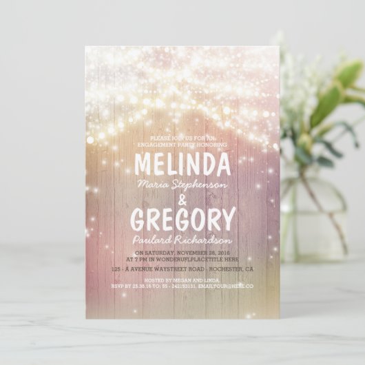 String Lights Pastel Rustic Barn Engagement Party Kaart (Staand voorkant)