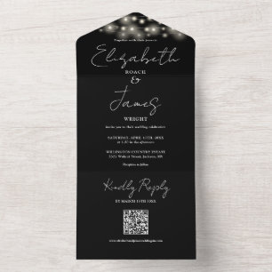 String Lights QR Code Zwart-wit bruiloft All In One Uitnodiging
