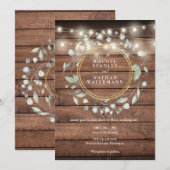 String Lights Rustic Barn Wood Greenery Wedding Kaart (Voorkant / Achterkant)