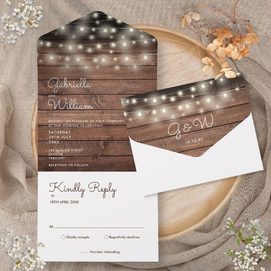 String Lights Rustic Barn Wood Monogram Weddenscha All In One Uitnodiging