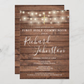 String Lights Rustic Wood First Heilige Communie Kaart (Voorkant / Achterkant)
