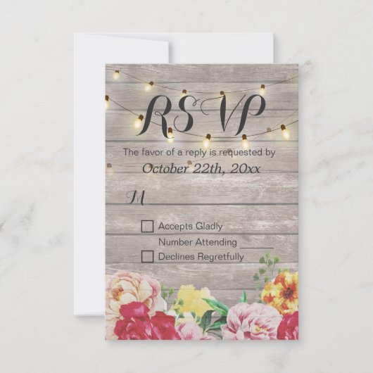 String Lights Rustic Wood Floral Wedding RSVP Kaar (Voorkant)