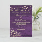 String Lights Rustic Wood Paars Wedding Kaart (Staand voorkant)