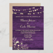 String Lights Rustic Wood Paars Wedding Kaart (Voorkant / Achterkant)