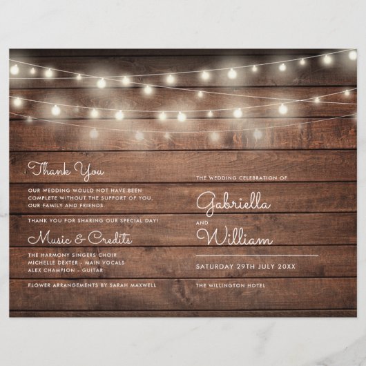 String Lights Rustic Wood Wedding Programme (Voorkant)
