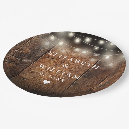 String Lights Rustiek Hout Boho Schuur Huwelijk Papieren Bordje (Gekanteld)