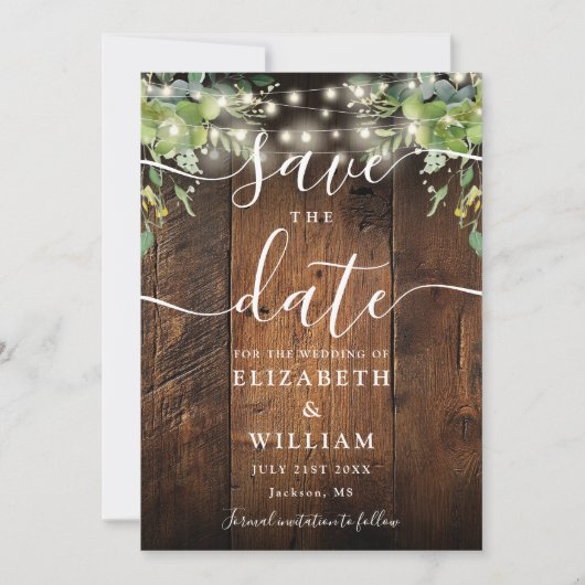 String Lights Rustiek Hout Groen Huwelijk Save The Date (Voorkant)